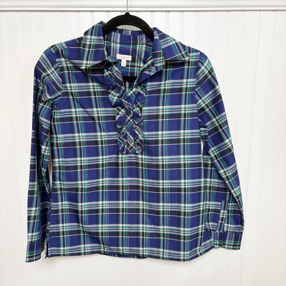Talbots Petite Blue & Green Plaid Ruffle Neckline Popover Long Sleeve SP